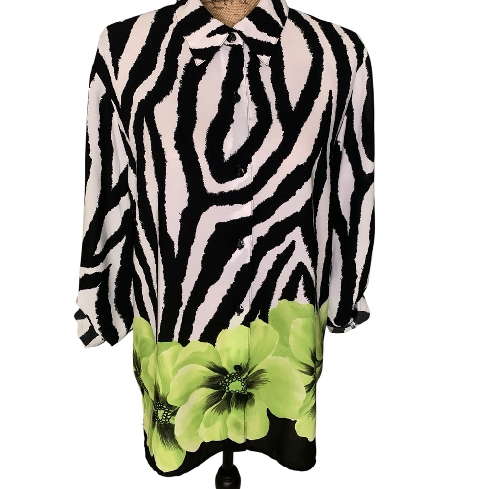 Sag Harbor Black and White with Lime Green Floral Graphic  Button Down